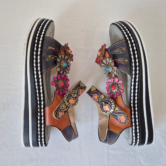 L'Artiste Spring Step Laga Leather Floral Ornament Platform Sandal Open Toe - Picture 10 of 15